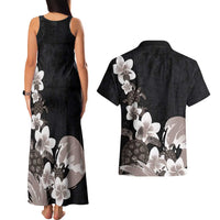 Hawaiian Plumeria and Turtle Couples Matching Tank Maxi Dress and Hawaiian Shirt with Polynesian Tribal Art Pattern Grayscale Color LT03 - Polynesian Pride