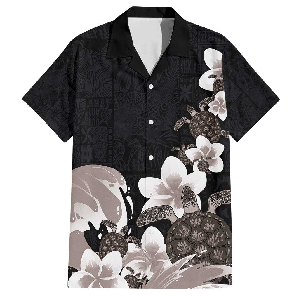 Hawaiian Plumeria and Turtle Family Matching Long Sleeve Bodycon Dress and Hawaiian Shirt with Polynesian Tribal Art Pattern Grayscale Color LT03 Dad's Shirt - Short Sleeve Black - Polynesian Pride