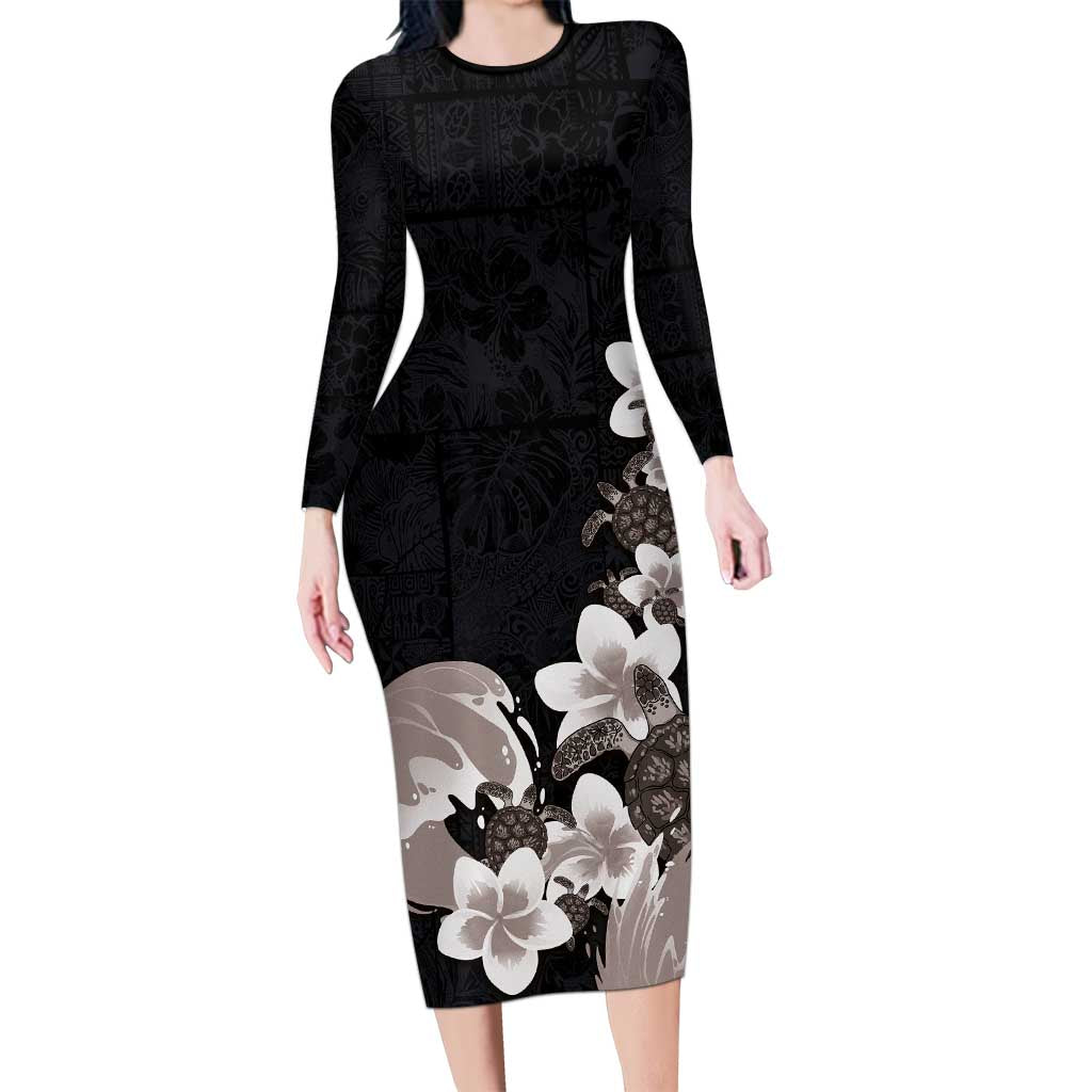 Hawaiian Plumeria and Turtle Family Matching Long Sleeve Bodycon Dress and Hawaiian Shirt with Polynesian Tribal Art Pattern Grayscale Color LT03 Mom's Dress Black - Polynesian Pride