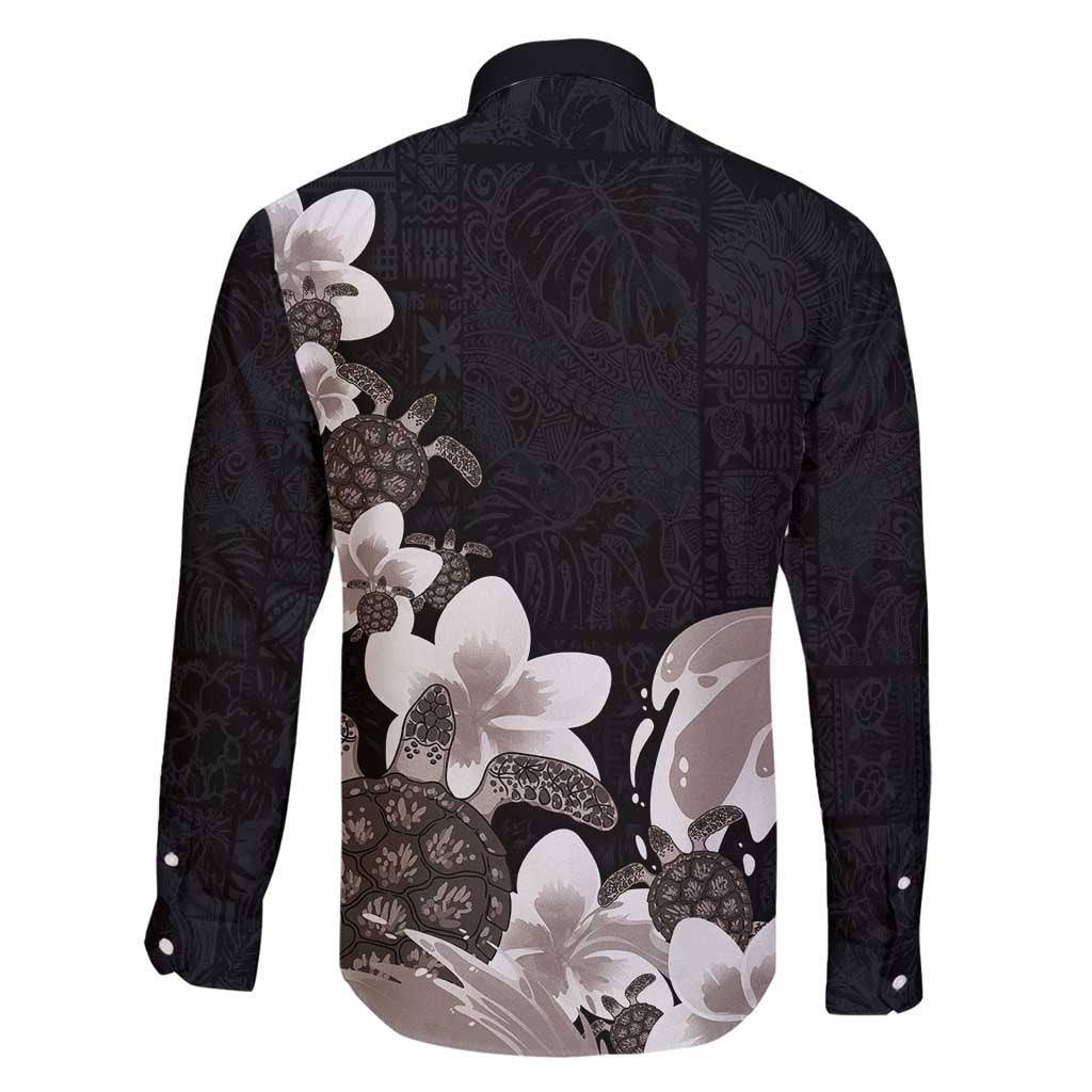 Hawaiian Plumeria and Turtle Family Matching Mermaid Dress and Hawaiian Shirt with Polynesian Tribal Art Pattern Grayscale Color