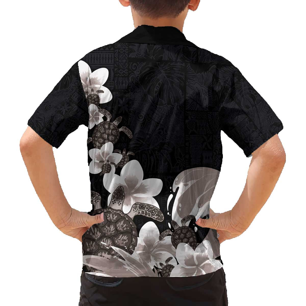 Hawaiian Plumeria and Turtle Family Matching Off The Shoulder Long Sleeve Dress and Hawaiian Shirt with Polynesian Tribal Art Pattern Grayscale Color