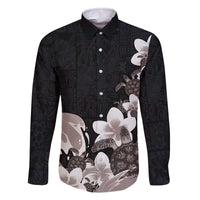 Hawaiian Plumeria and Turtle Family Matching Off The Shoulder Long Sleeve Dress and Hawaiian Shirt with Polynesian Tribal Art Pattern Grayscale Color