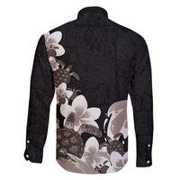 Hawaiian Plumeria and Turtle Family Matching Off Shoulder Short Dress and Hawaiian Shirt with Polynesian Tribal Art Pattern Grayscale Color
