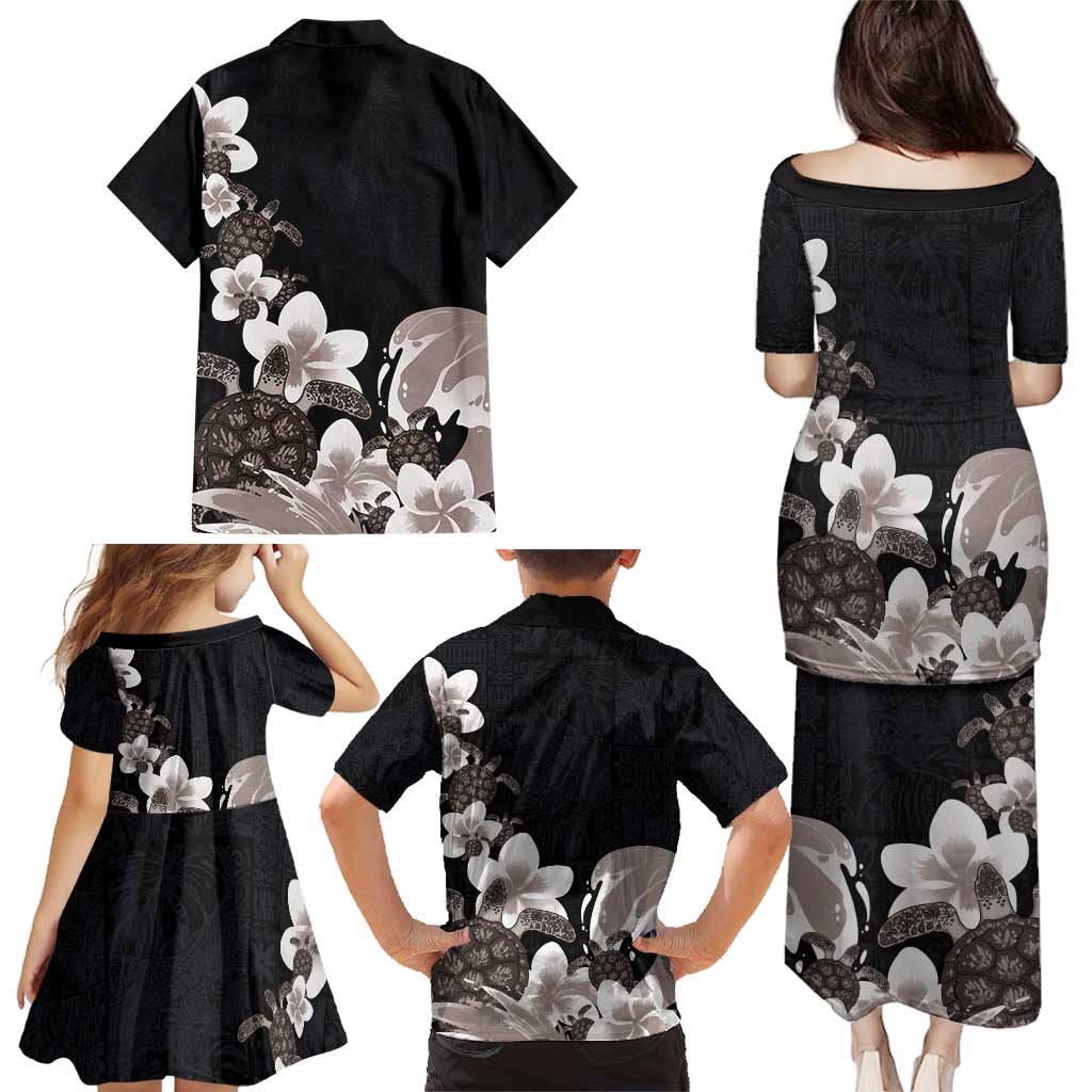 Hawaiian Plumeria and Turtle Family Matching Puletasi and Hawaiian Shirt with Polynesian Tribal Art Pattern Grayscale Color LT03 - Polynesian Pride