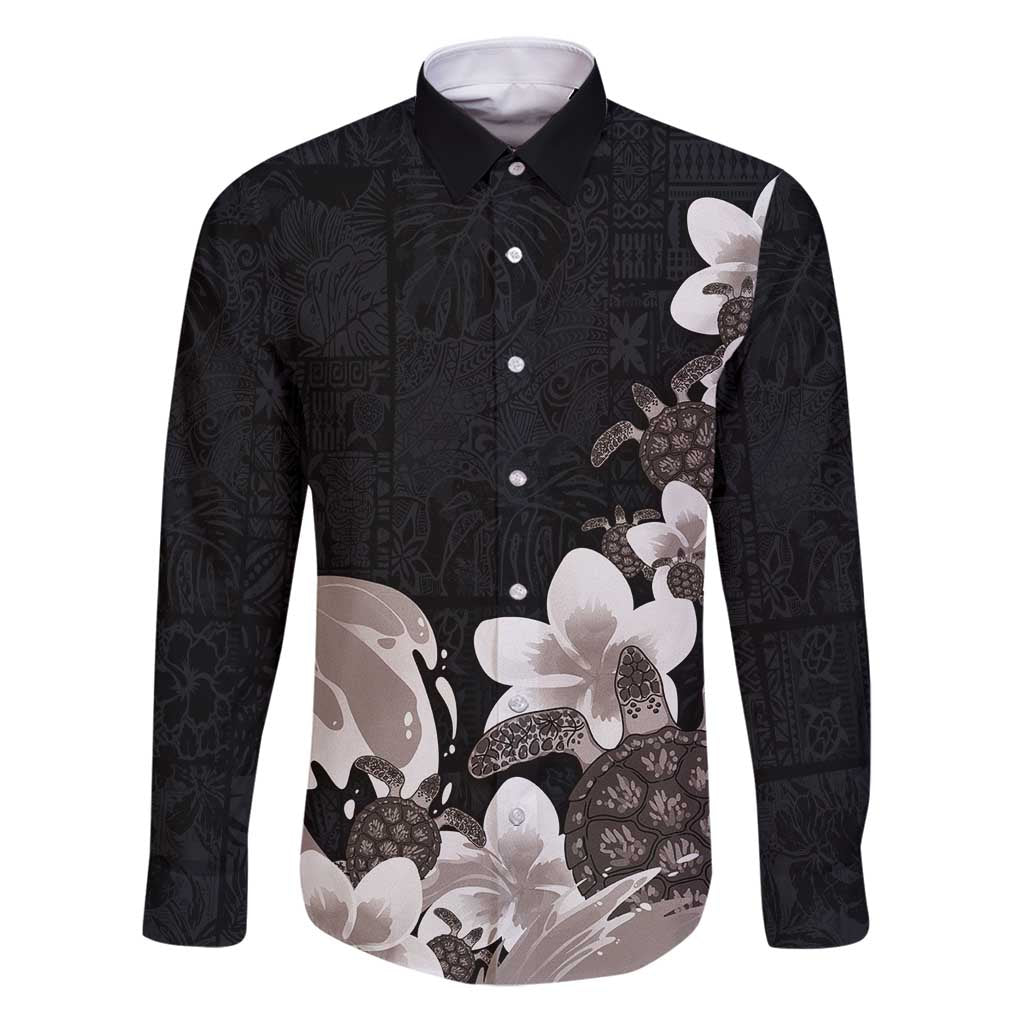 Hawaiian Plumeria and Turtle Family Matching Puletasi and Hawaiian Shirt with Polynesian Tribal Art Pattern Grayscale Color LT03 Dad's Shirt - Long Sleeve Black - Polynesian Pride