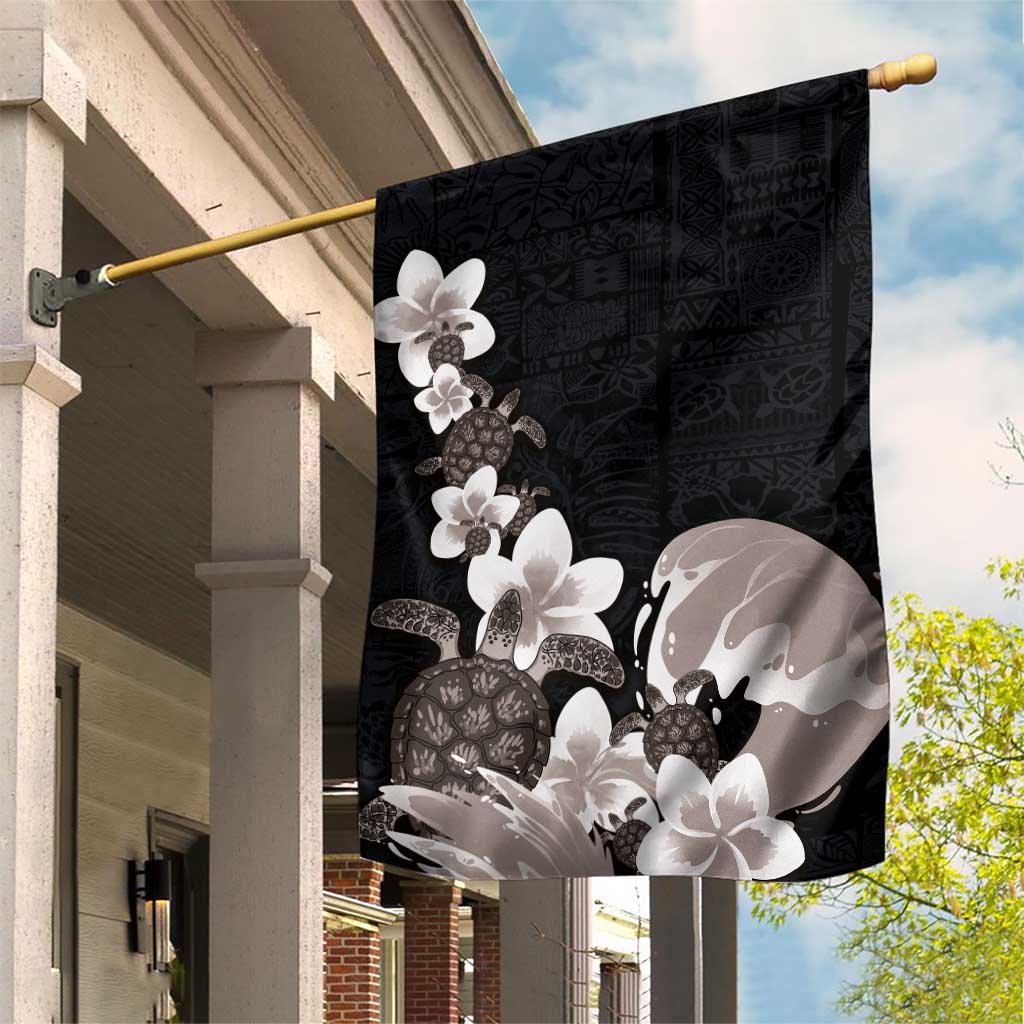 Hawaiian Plumeria and Turtle Garden Flag with Polynesian Tribal Art Pattern Grayscale Color