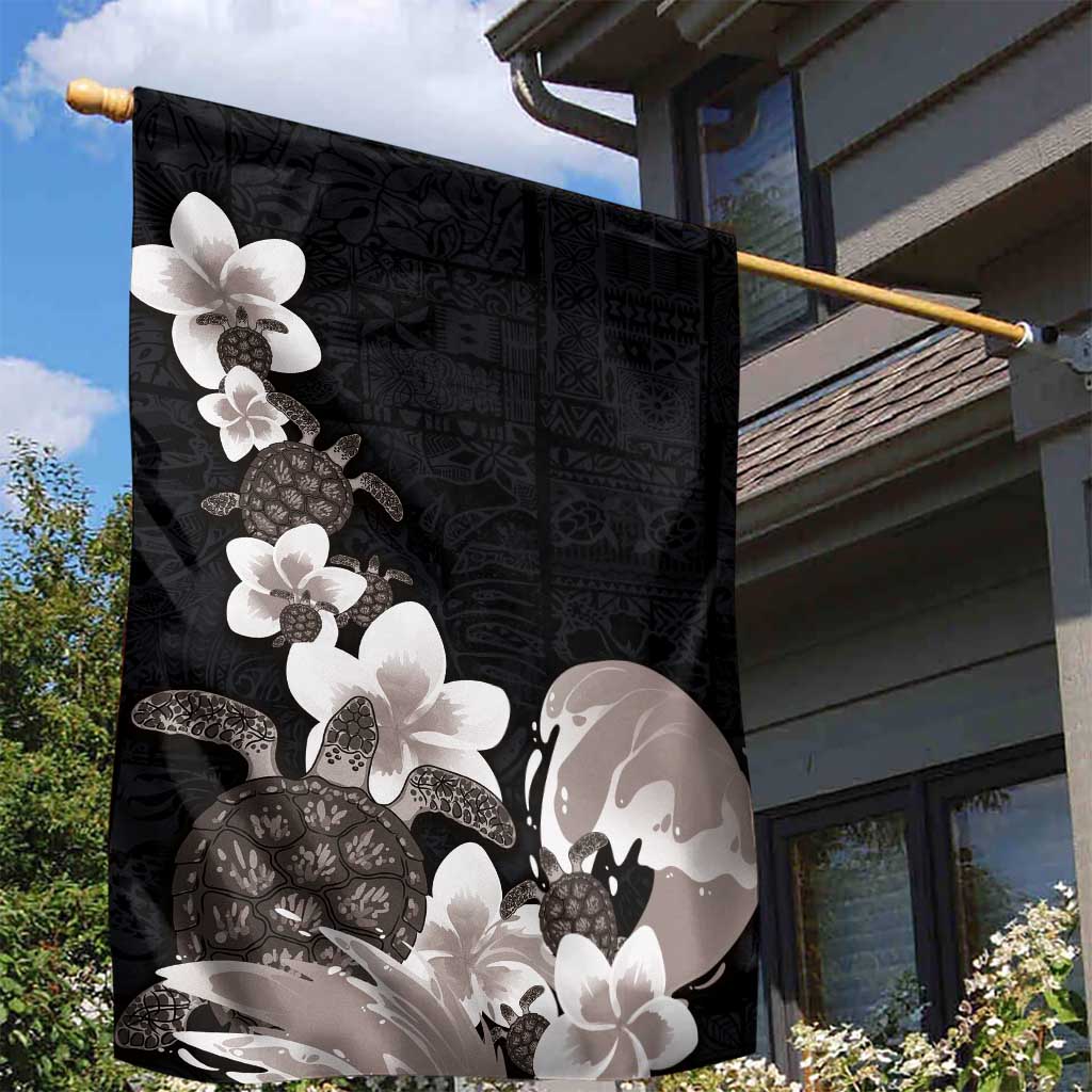 Hawaiian Plumeria and Turtle Garden Flag with Polynesian Tribal Art Pattern Grayscale Color