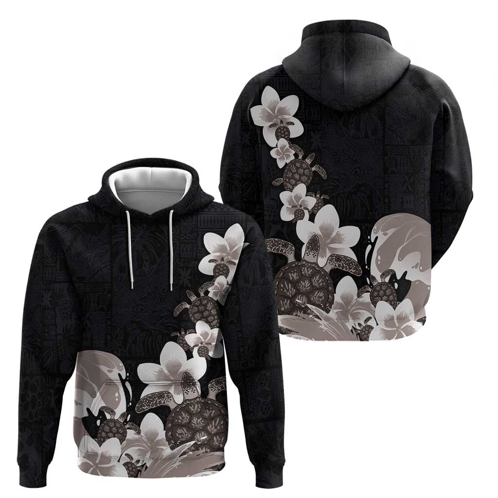 Hawaiian Plumeria and Turtle Hoodie with Polynesian Tribal Art Pattern Grayscale Color