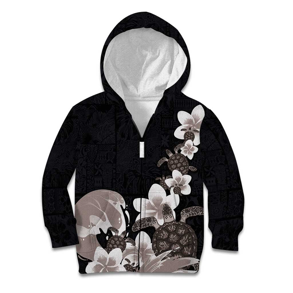 Hawaiian Plumeria and Turtle Kid Hoodie with Polynesian Tribal Art Pattern Grayscale Color