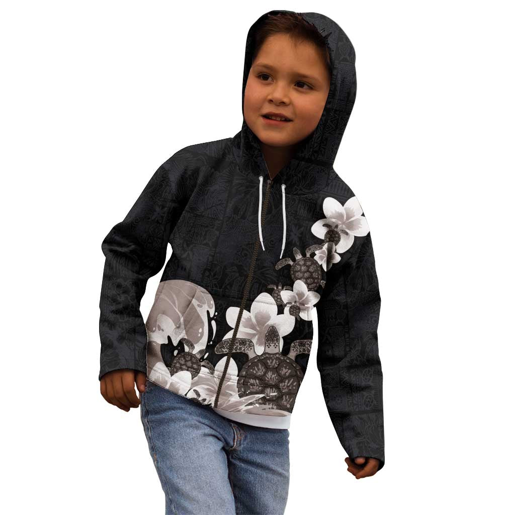 Hawaiian Plumeria and Turtle Kid Hoodie with Polynesian Tribal Art Pattern Grayscale Color