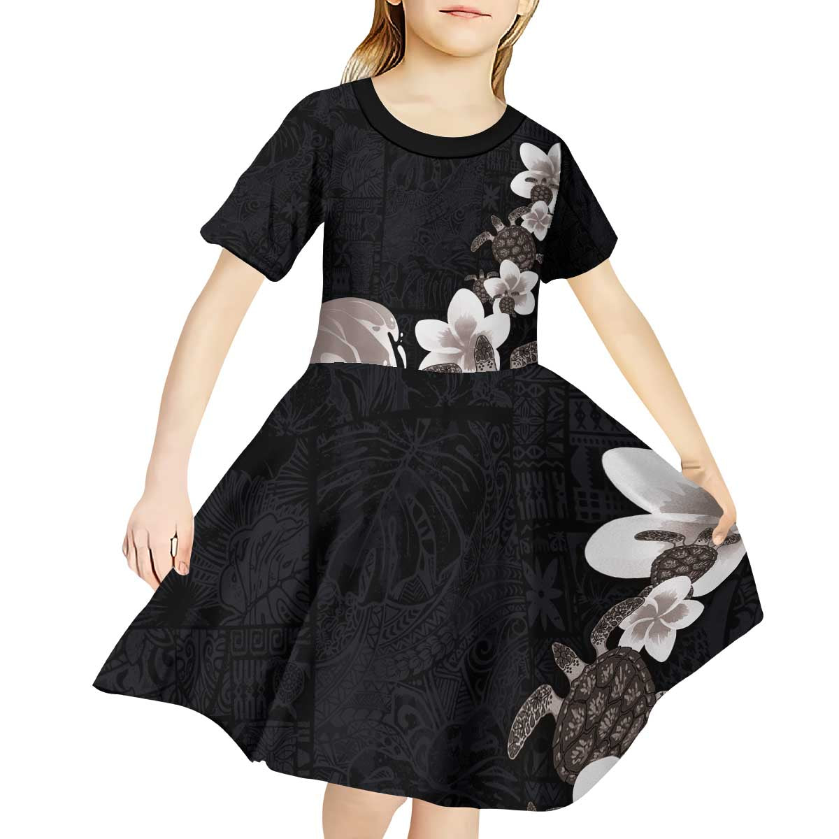Hawaiian Plumeria and Turtle Kid Short Sleeve Dress with Polynesian Tribal Art Pattern Grayscale Color