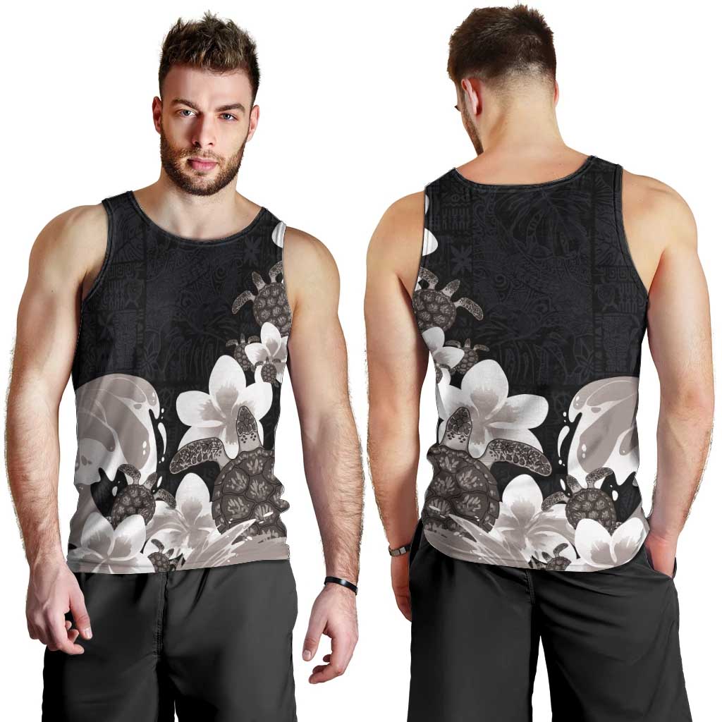 Hawaiian Plumeria and Turtle Men Tank Top with Polynesian Tribal Art Pattern Grayscale Color
