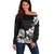 Hawaiian Plumeria and Turtle Off Shoulder Sweater with Polynesian Tribal Art Pattern Grayscale Color