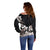 Hawaiian Plumeria and Turtle Off Shoulder Sweater with Polynesian Tribal Art Pattern Grayscale Color