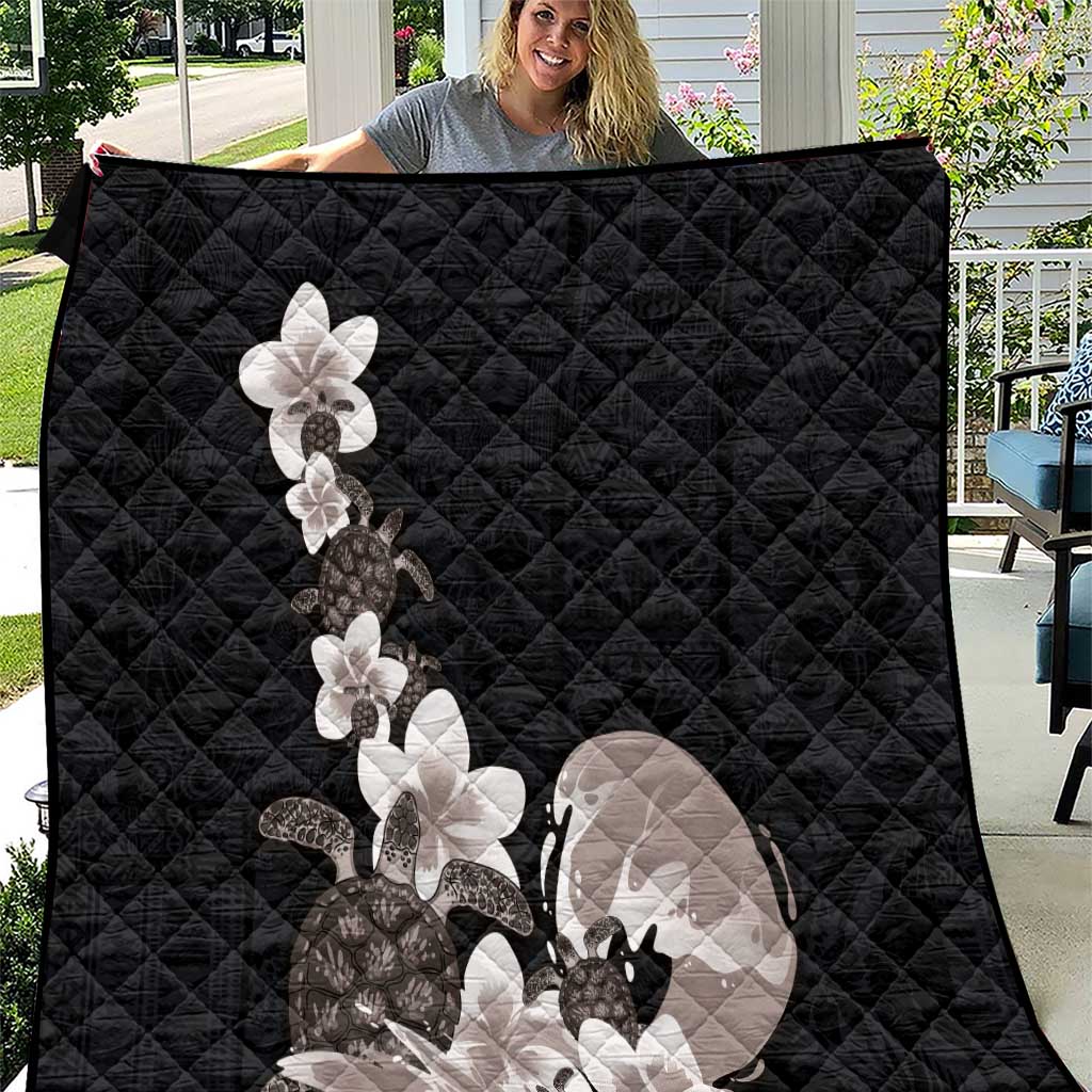 Hawaiian Plumeria and Turtle Quilt with Polynesian Tribal Art Pattern Grayscale Color