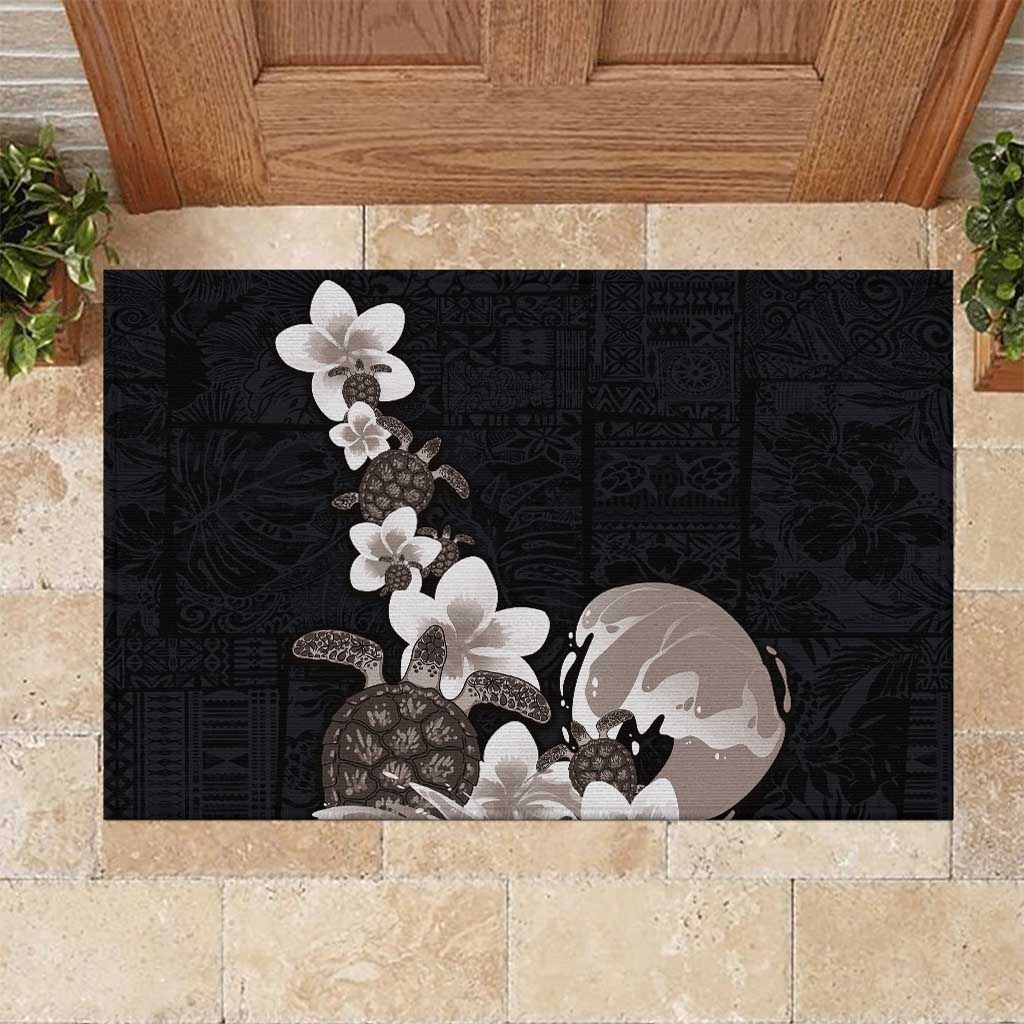 Hawaiian Plumeria and Turtle Rubber Doormat with Polynesian Tribal Art Pattern Grayscale Color