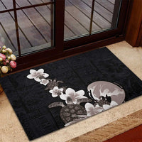 Hawaiian Plumeria and Turtle Rubber Doormat with Polynesian Tribal Art Pattern Grayscale Color