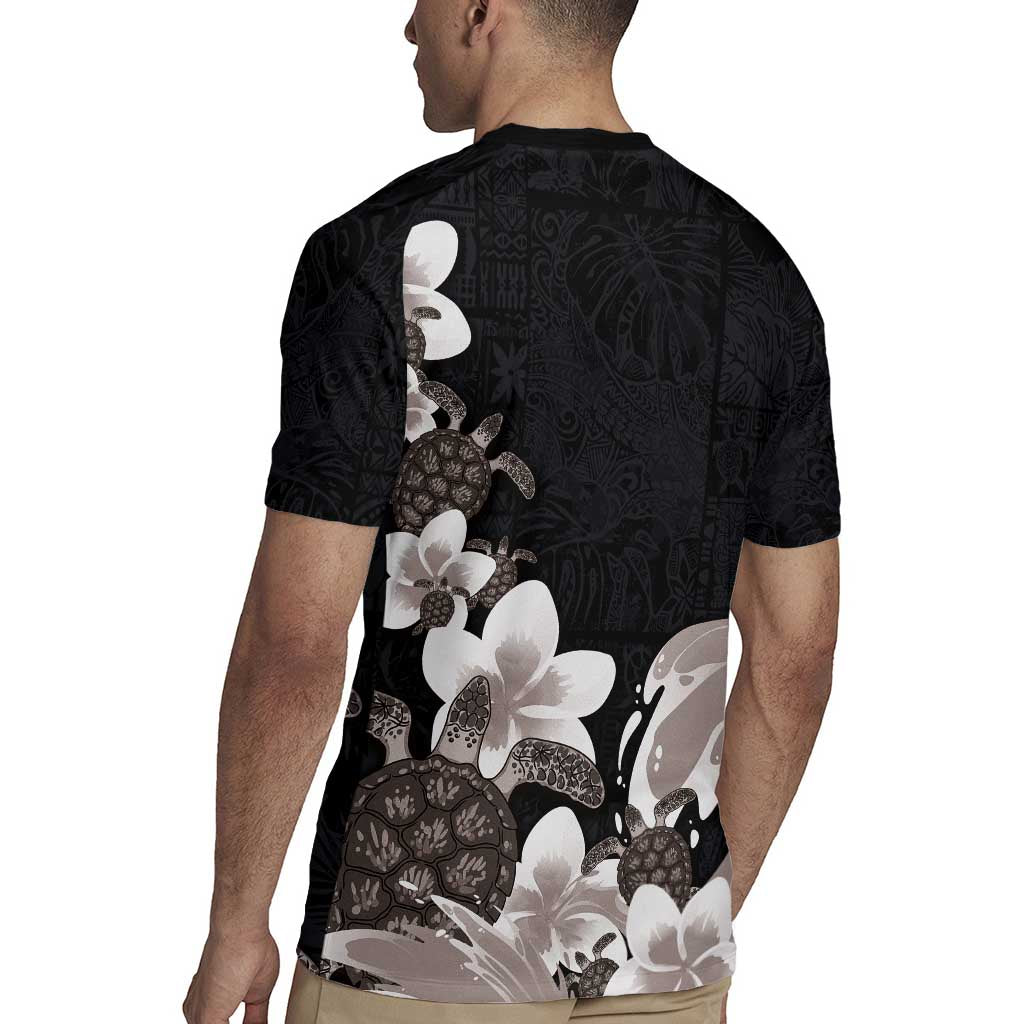 Hawaiian Plumeria and Turtle Rugby Jersey with Polynesian Tribal Art Pattern Grayscale Color