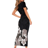 Hawaiian Plumeria and Turtle Short Sleeve Bodycon Dress with Polynesian Tribal Art Pattern Grayscale Color LT03 - Polynesian Pride