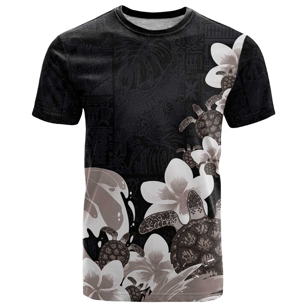 Hawaiian Plumeria and Turtle T Shirt with Polynesian Tribal Art Pattern Grayscale Color