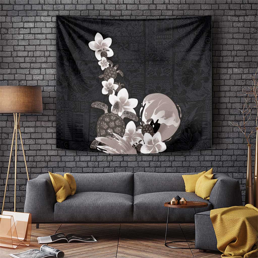 Hawaiian Plumeria and Turtle Tapestry with Polynesian Tribal Art Pattern Grayscale Color