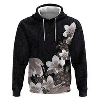 Hawaiian Plumeria and Turtle Zip Hoodie with Polynesian Tribal Art Pattern Grayscale Color