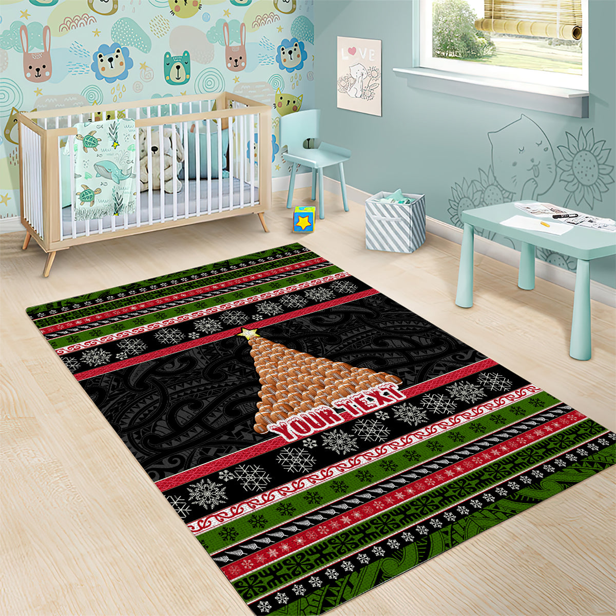 Personalized New Zealand Meri Kirihimete Area Rug Maori Warrior with Rugby Christmas Tree LT03 - Polynesian Pride