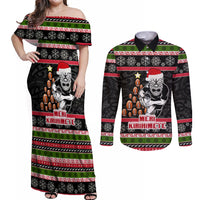 Personalized New Zealand Meri Kirihimete Couples Matching Off Shoulder Maxi Dress and Long Sleeve Button Shirt Maori Warrior with Rugby Christmas Tree LT03 Black - Polynesian Pride