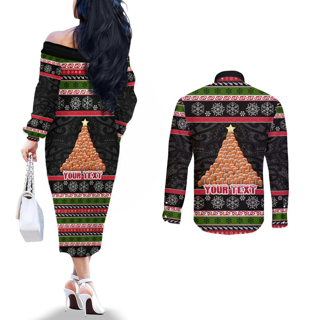 Personalized New Zealand Meri Kirihimete Couples Matching Off The Shoulder Long Sleeve Dress and Long Sleeve Button Shirt Maori Warrior with Rugby Christmas Tree LT03 - Polynesian Pride