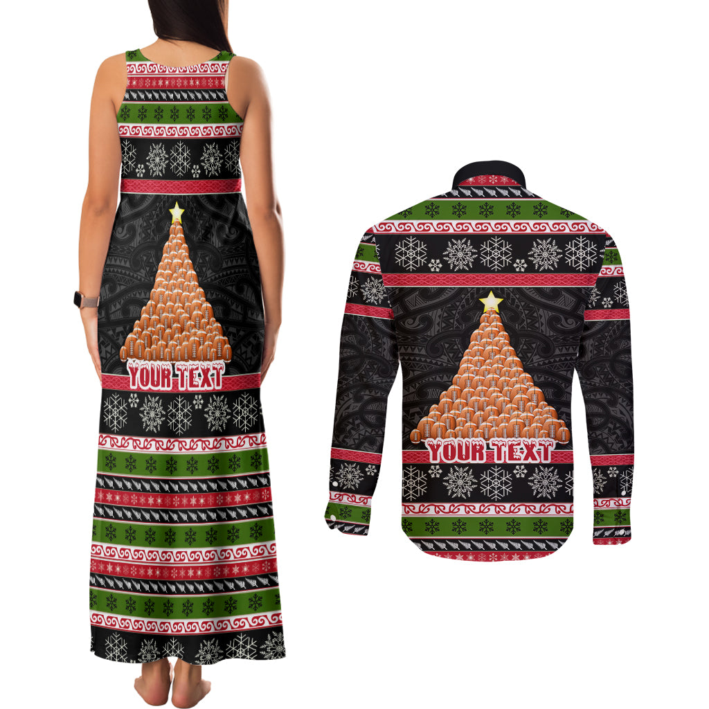 Personalized New Zealand Meri Kirihimete Couples Matching Tank Maxi Dress and Long Sleeve Button Shirt Maori Warrior with Rugby Christmas Tree LT03 - Polynesian Pride