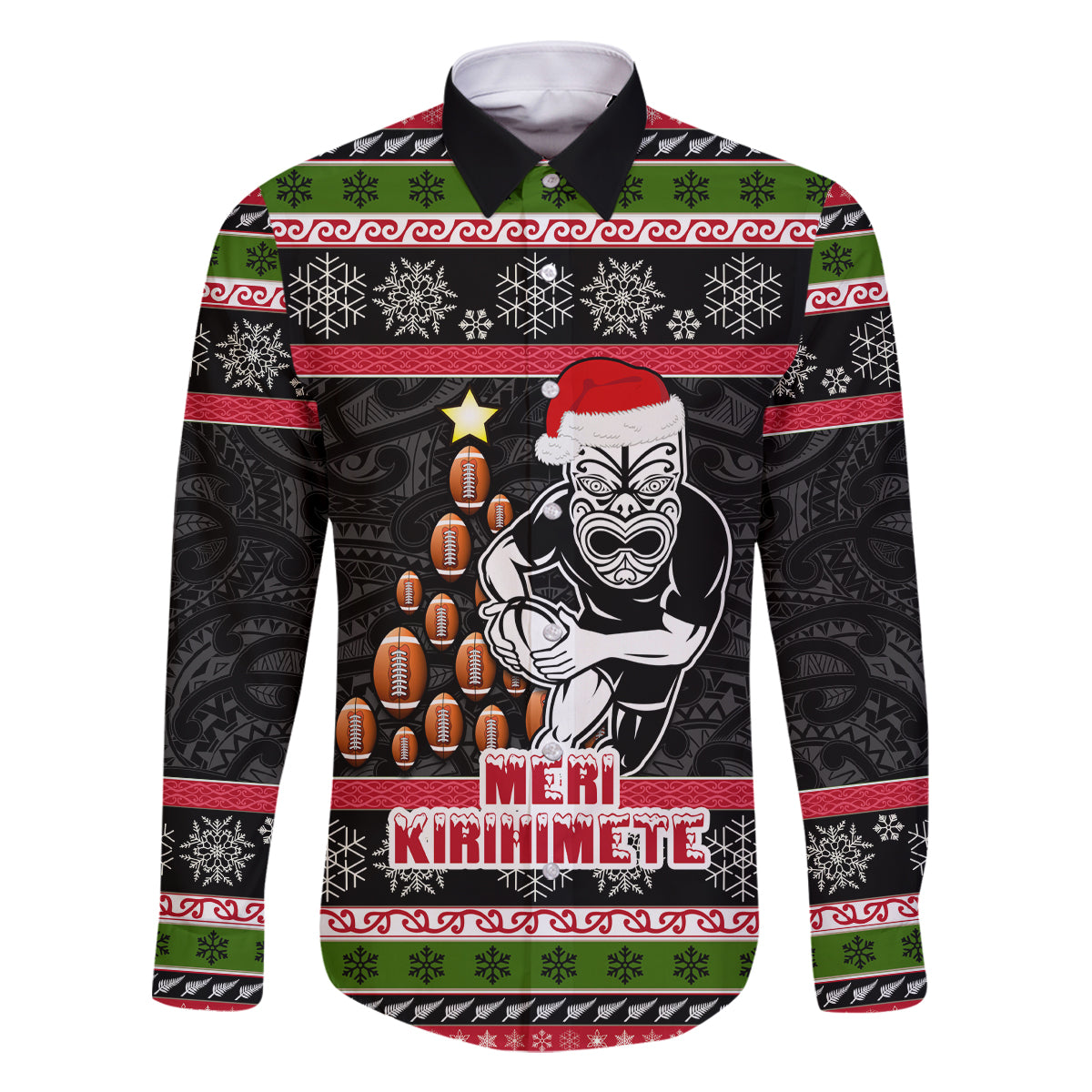 Personalized New Zealand Meri Kirihimete Family Matching Long Sleeve Bodycon Dress and Hawaiian Shirt Maori Warrior with Rugby Christmas Tree LT03 Dad's Shirt - Long Sleeve Black - Polynesian Pride