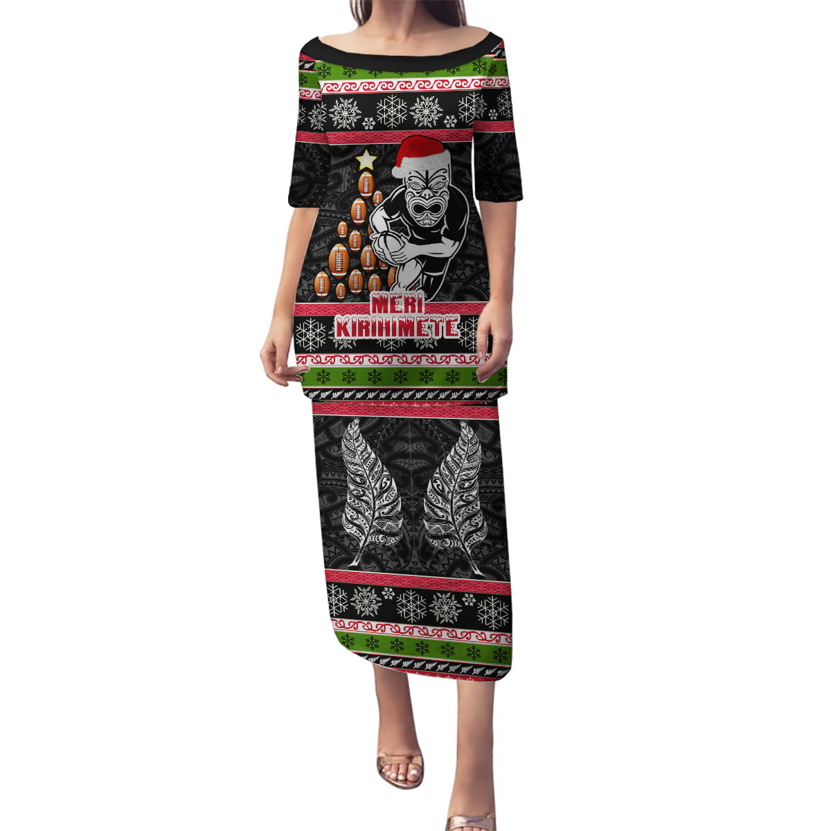 Personalized New Zealand Meri Kirihimete Family Matching Puletasi Dress and Hawaiian Shirt Maori Warrior with Rugby Christmas Tree LT03 Mom's Dress Black - Polynesian Pride