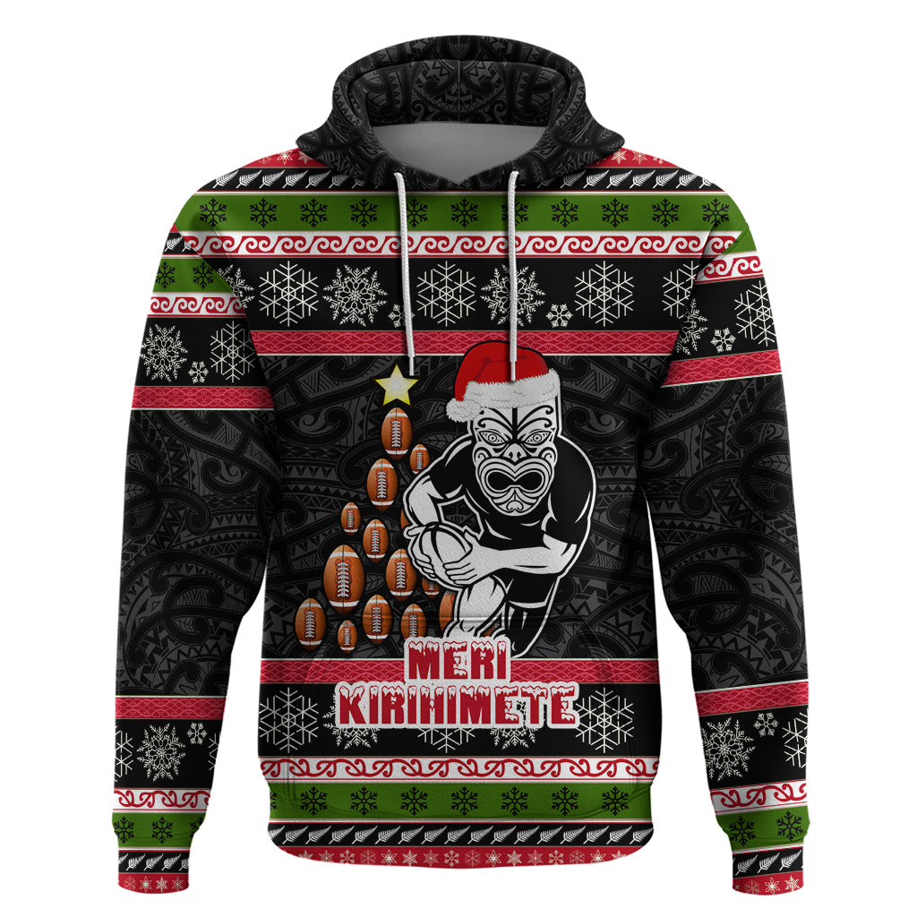 Personalized New Zealand Meri Kirihimete Hoodie Maori Warrior with Rugby Christmas Tree LT03 Black - Polynesian Pride