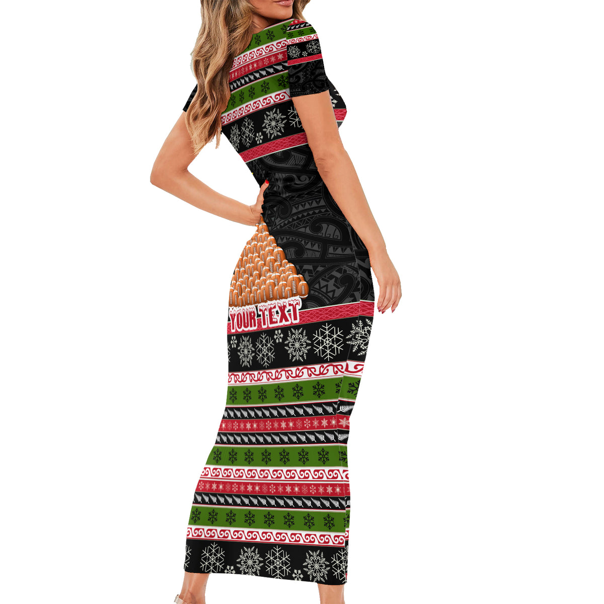 Personalized New Zealand Meri Kirihimete Short Sleeve Bodycon Dress Maori Warrior with Rugby Christmas Tree LT03 - Polynesian Pride