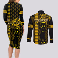 Custom Hawaii Couples Matching Long Sleeve Bodycon Dress and Long Sleeve Button Shirt Ukelele and Hula Girl Mix Kakau Pattern LT03 - Polynesian Pride