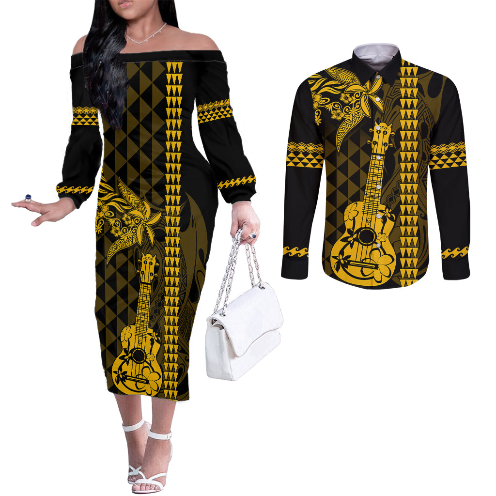Custom Hawaii Couples Matching Off The Shoulder Long Sleeve Dress and Long Sleeve Button Shirt Ukelele and Hula Girl Mix Kakau Pattern LT03 Yellow - Polynesian Pride