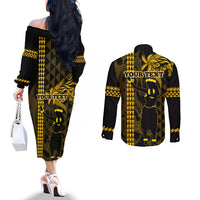 Custom Hawaii Couples Matching Off The Shoulder Long Sleeve Dress and Long Sleeve Button Shirt Ukelele and Hula Girl Mix Kakau Pattern LT03 - Polynesian Pride