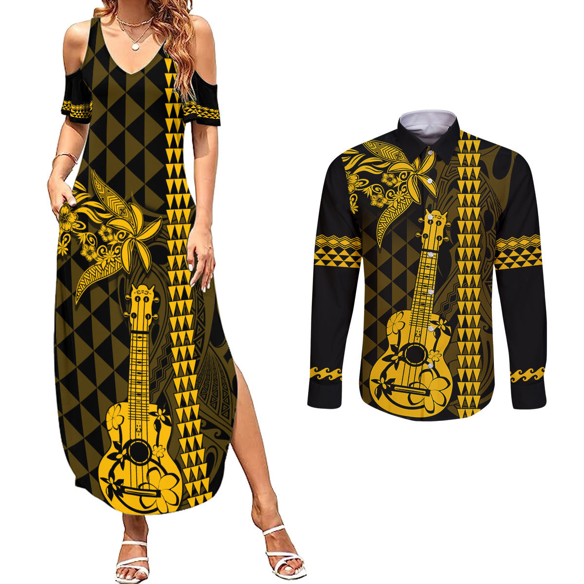 Custom Hawaii Couples Matching Summer Maxi Dress and Long Sleeve Button Shirt Ukelele and Hula Girl Mix Kakau Pattern LT03 Yellow - Polynesian Pride