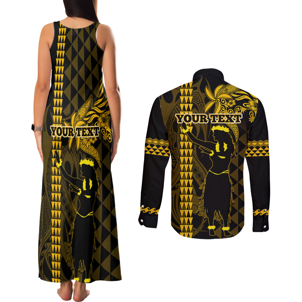 Custom Hawaii Couples Matching Tank Maxi Dress and Long Sleeve Button Shirt Ukelele and Hula Girl Mix Kakau Pattern LT03 - Polynesian Pride