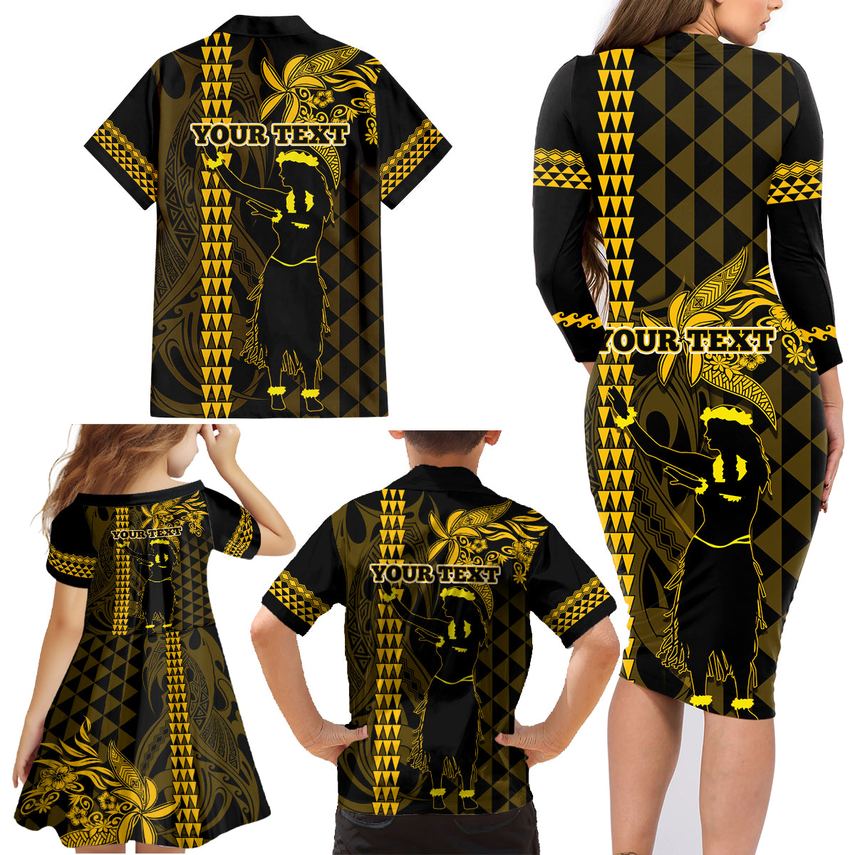 Custom Hawaii Family Matching Long Sleeve Bodycon Dress and Hawaiian Shirt Ukelele and Hula Girl Mix Kakau Pattern LT03 - Polynesian Pride