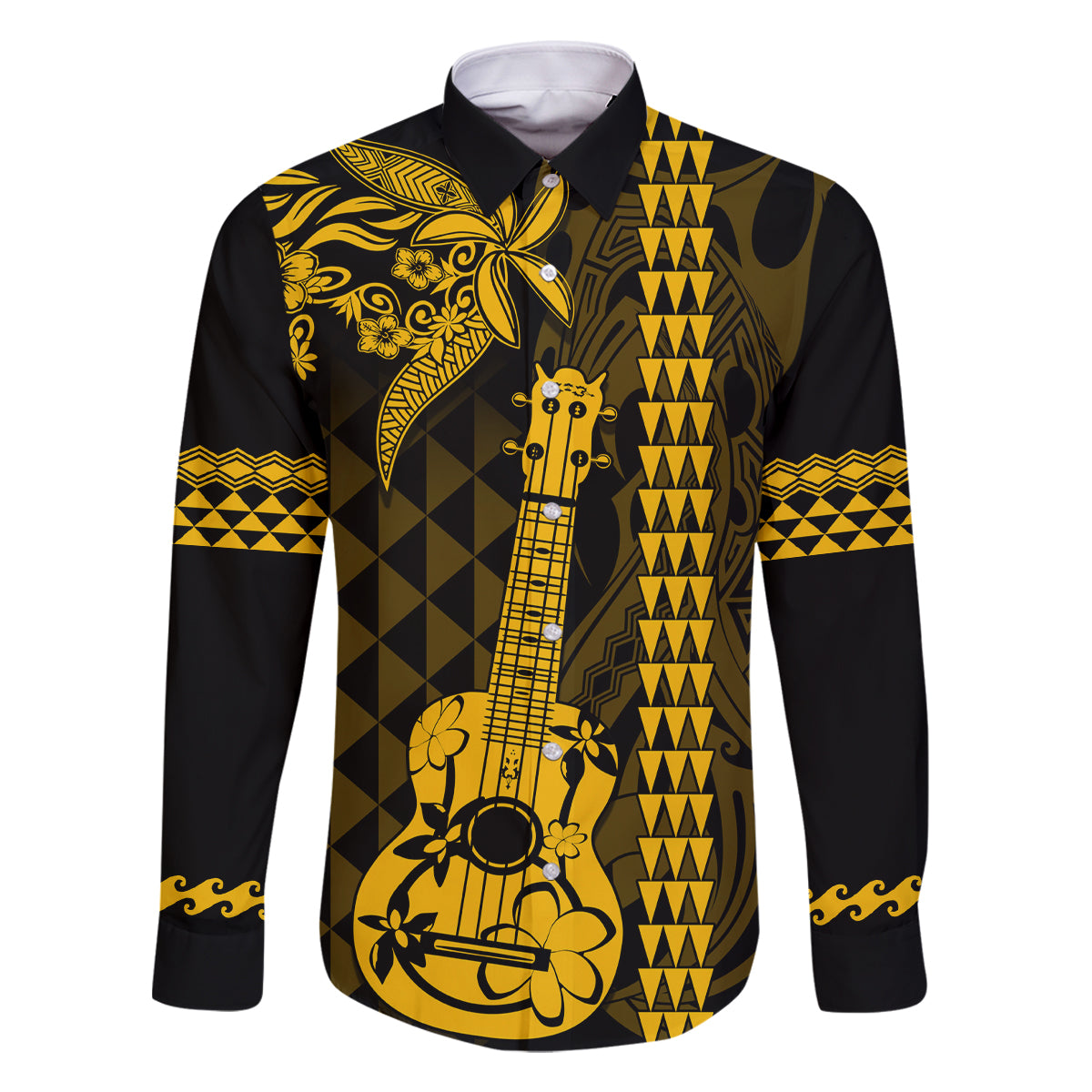 Custom Hawaii Family Matching Long Sleeve Bodycon Dress and Hawaiian Shirt Ukelele and Hula Girl Mix Kakau Pattern LT03 Dad's Shirt - Long Sleeve Yellow - Polynesian Pride