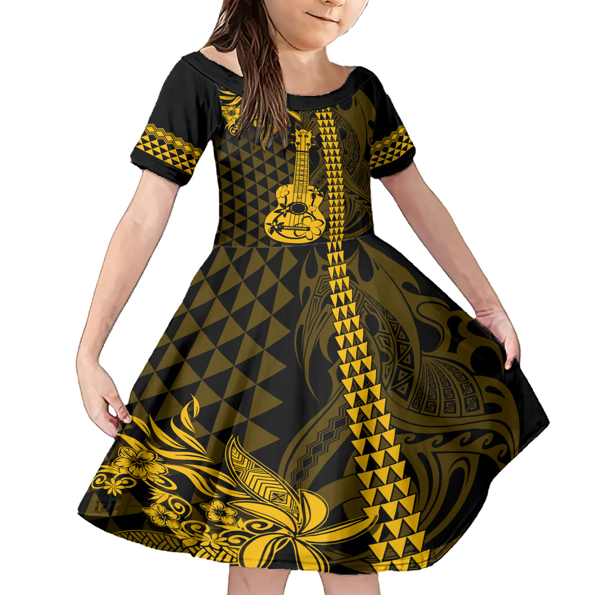 Custom Hawaii Family Matching Short Sleeve Bodycon Dress and Hawaiian Shirt Ukelele and Hula Girl Mix Kakau Pattern LT03 Daughter's Dress Yellow - Polynesian Pride