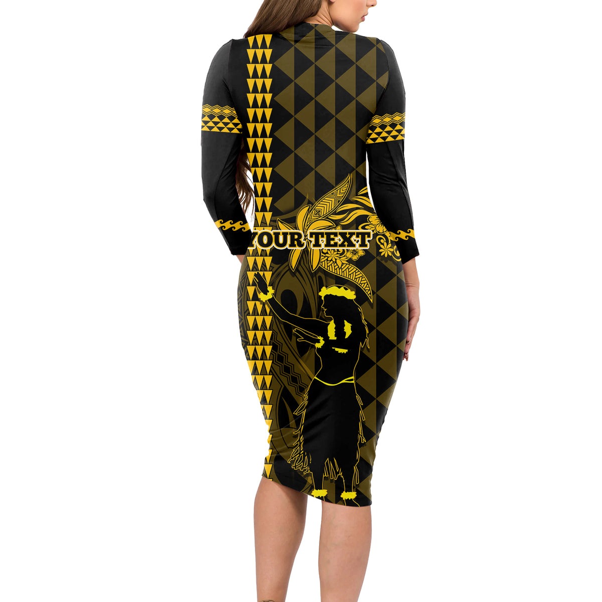 Custom Hawaii Long Sleeve Bodycon Dress Ukelele and Hula Girl Mix Kakau Pattern LT03 - Polynesian Pride