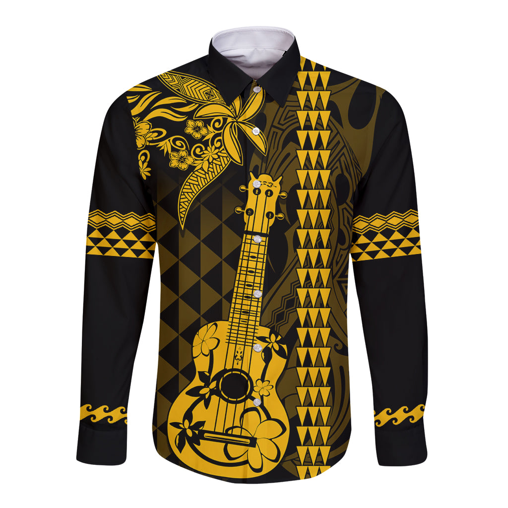 Custom Hawaii Long Sleeve Button Shirt Ukelele and Hula Girl Mix Kakau Pattern LT03 Unisex Yellow - Polynesian Pride