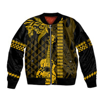 Custom Hawaii Sleeve Zip Bomber Jacket Ukelele and Hula Girl Mix Kakau Pattern LT03 Unisex Yellow - Polynesian Pride