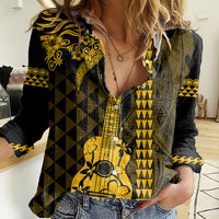 Custom Hawaii Women Casual Shirt Ukelele and Hula Girl Mix Kakau Pattern LT03 Female Yellow - Polynesian Pride