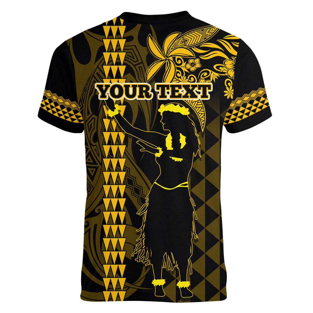 Custom Hawaii Women V Neck T Shirt Ukelele and Hula Girl Mix Kakau Pattern LT03 - Polynesian Pride