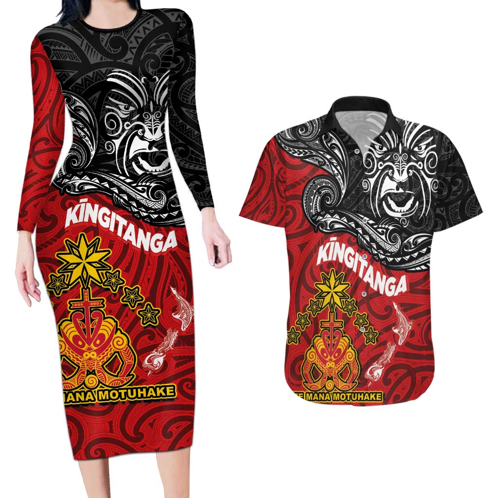 The Kingitanga - Maori King Movement Couples Matching Long Sleeve Bodycon Dress and Hawaiian Shirt Ko Te Mana Motuhake Emblem with Moko and Polynesian Art Tattoo