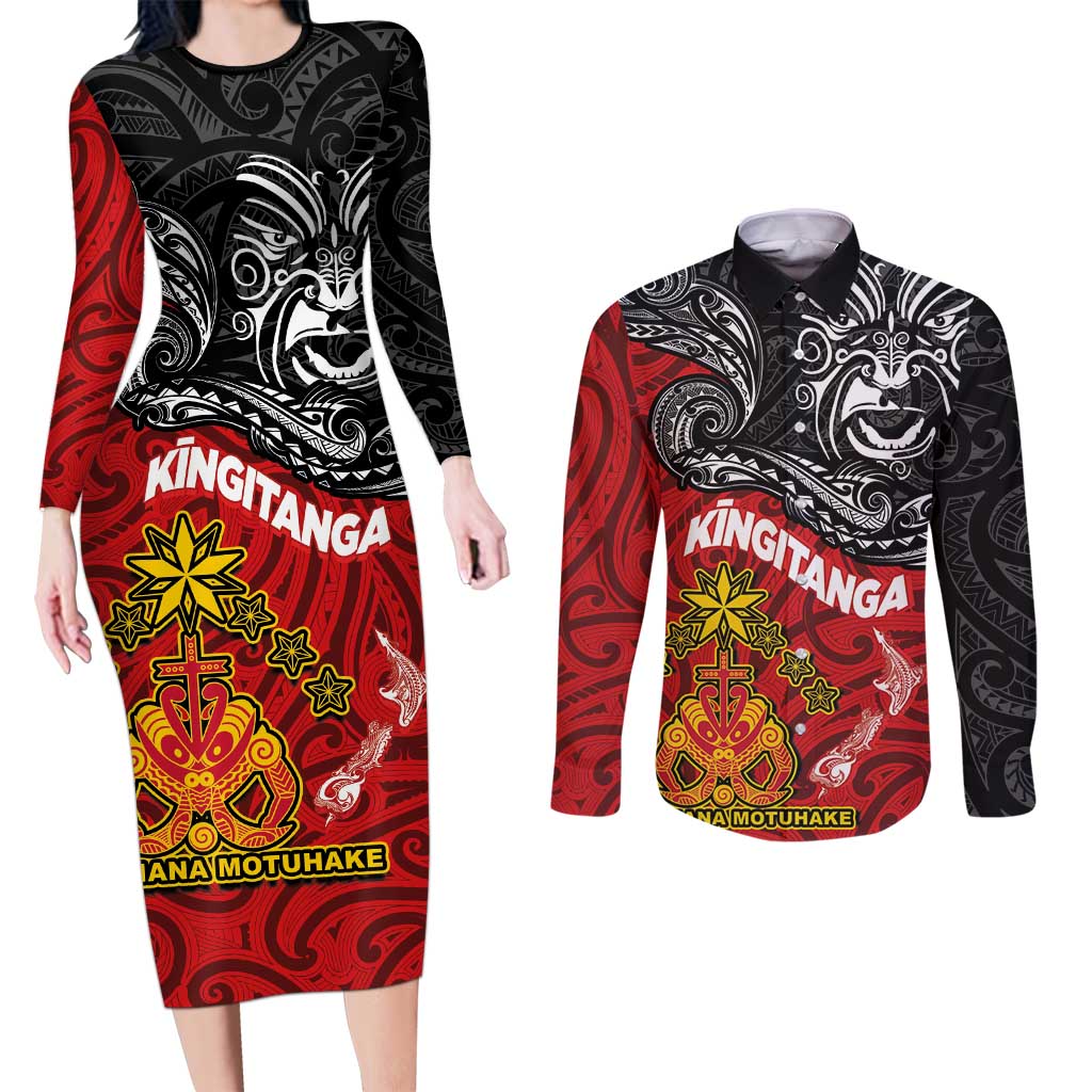 The Kingitanga - Maori King Movement Couples Matching Long Sleeve Bodycon Dress and Long Sleeve Button Shirt Ko Te Mana Motuhake Emblem with Moko and Polynesian Art Tattoo