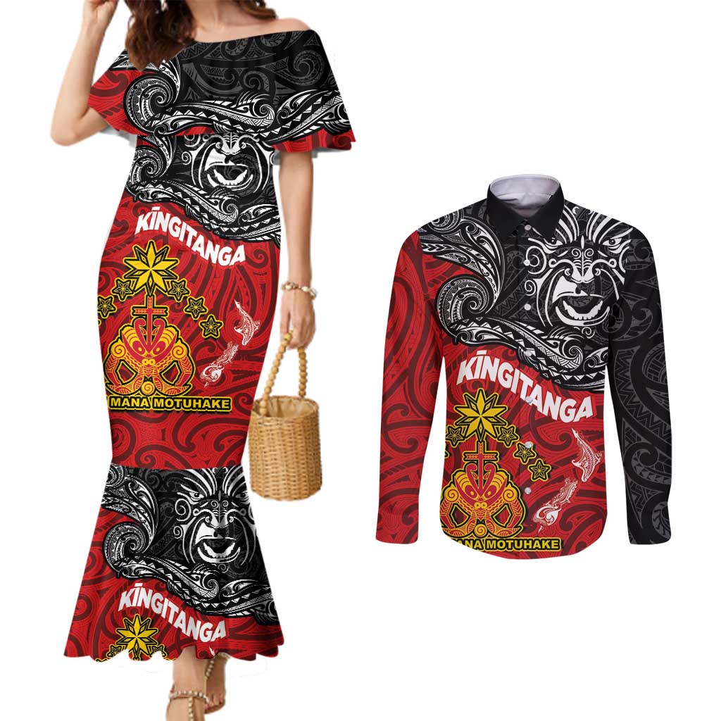 The Kingitanga - Maori King Movement Couples Matching Mermaid Dress and Long Sleeve Button Shirt Ko Te Mana Motuhake Emblem with Moko and Polynesian Art Tattoo
